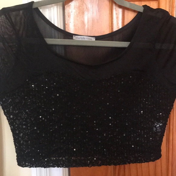 Black Sheersparkle Long Sleeve Crop Top 